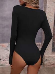 SHEIN LUNE Áo liền quần ôm nữ Nút Tương phản ren màu trơn Giải trí - màu đen - Xem 2