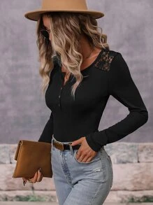 SHEIN LUNE Áo liền quần ôm nữ Nút Tương phản ren màu trơn Giải trí - màu đen - Xem 4