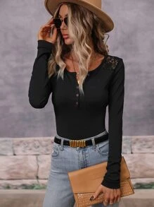 SHEIN LUNE Áo liền quần ôm nữ Nút Tương phản ren màu trơn Giải trí - màu đen - Xem 5