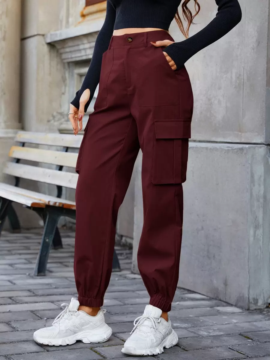 SHEIN EZwear Slant Pocket Cargo Trousers - Burgundy - View 1