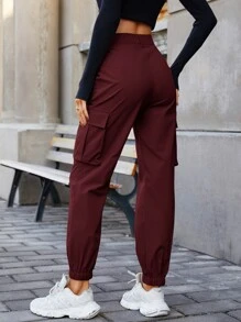 SHEIN EZwear Slant Pocket Cargo Trousers - Burgundy - View 2