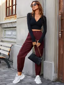 SHEIN EZwear Slant Pocket Cargo Trousers - Burgundy - View 5