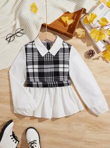 SHEIN Niñas Camisa 2 en 1 con estampado de cuadros bajo con fruncido - Blanco y Negro - Ver 5