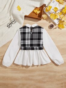 SHEIN Niñas Camisa 2 en 1 con estampado de cuadros bajo con fruncido - Blanco y Negro - Ver 2