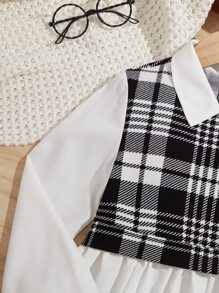 SHEIN Niñas Camisa 2 en 1 con estampado de cuadros bajo con fruncido - Blanco y Negro - Ver 4
