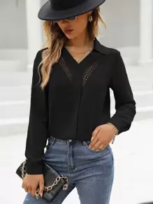 SHEIN LUNE 花边蕾丝镶嵌衬衫，长袖上衣 - 黑色 - 查看 1