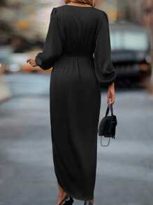 Chiquease Lantern Sleeve Twist Front Wrap Hem Satin Dress - Black - View 2