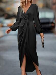 Chiquease Lantern Sleeve Twist Front Wrap Hem Satin Dress - Black - View 6