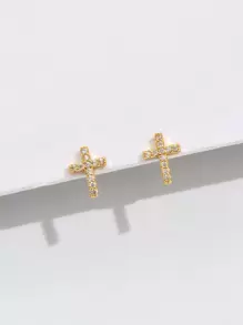 1pc Cubic Zirconia Cross Stud Earrings Copper Jewelry - Yellow Gold - View 2