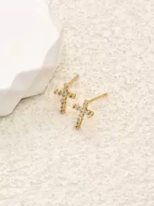 1pc Cubic Zirconia Cross Stud Earrings Copper Jewelry - Yellow Gold - View 3