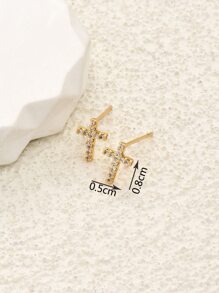 1pc Cubic Zirconia Cross Stud Earrings Copper Jewelry - Yellow Gold - View 4