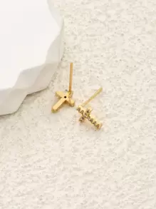 1pc Cubic Zirconia Cross Stud Earrings Copper Jewelry - Yellow Gold - View 5