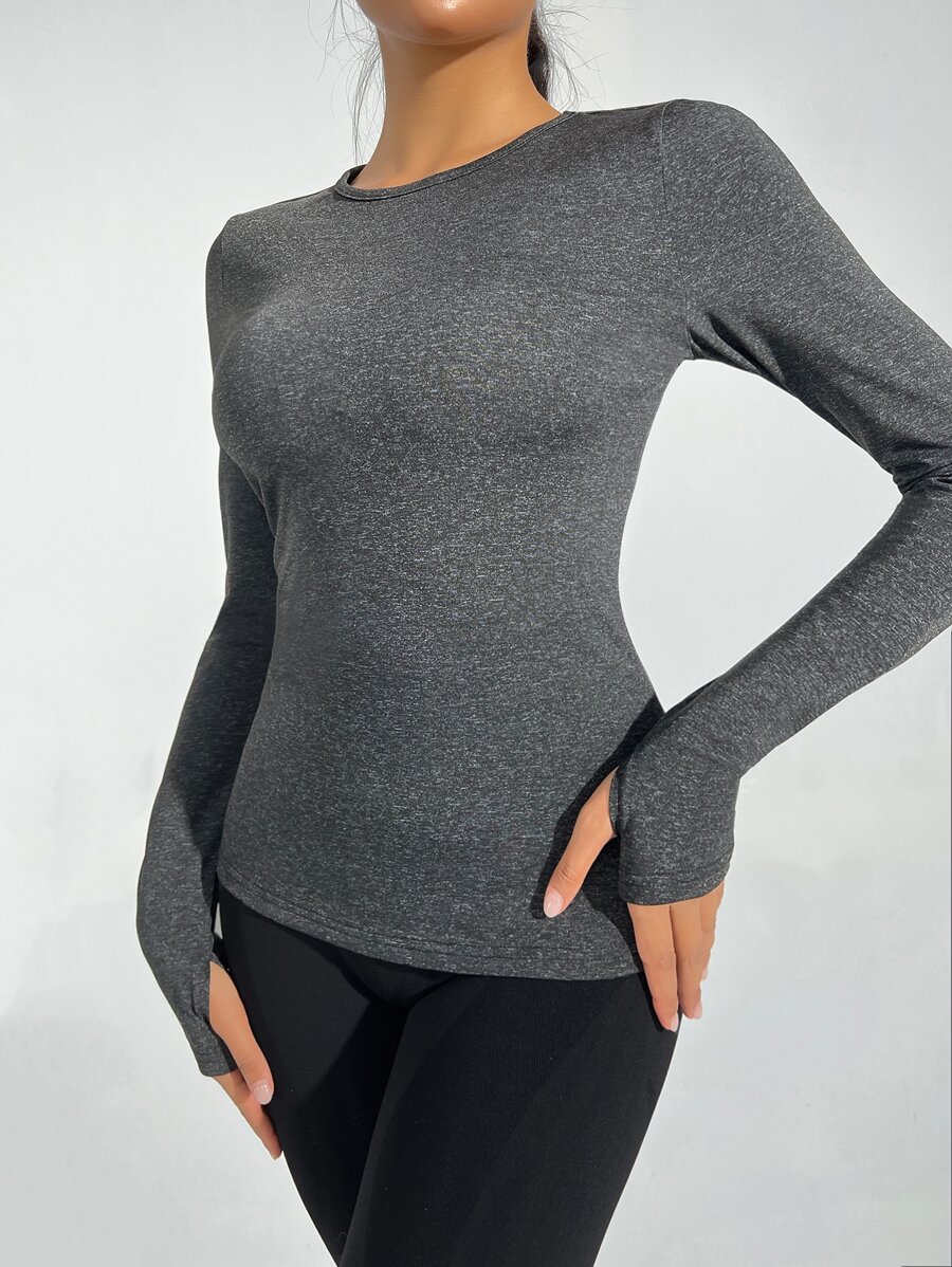 Solid Round Neck Thumb Hole Sports Tee - Dark Grey - View 1