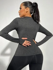 Solid Round Neck Thumb Hole Sports Tee - Dark Grey - View 2