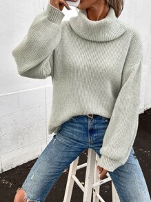 SHEIN LUNE Turtleneck Bishop Sleeve Ribbed Knit Jumper - Light Grey - View 1