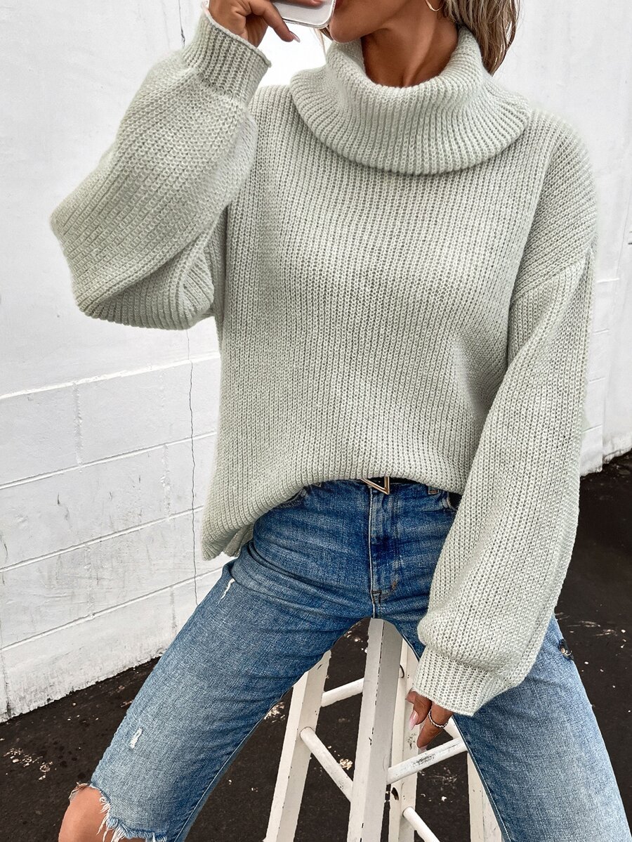 SHEIN LUNE Turtleneck Bishop Sleeve Ribbed Knit Jumper - Light Grey - View 1