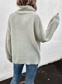 SHEIN LUNE Turtleneck Bishop Sleeve Ribbed Knit Jumper - Light Grey - View 2