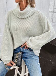 SHEIN LUNE Turtleneck Bishop Sleeve Ribbed Knit Jumper - Light Grey - View 6