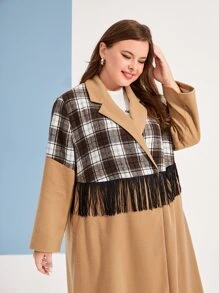 Mulvari Plus Plaid Print Fringe Trim Overcoat - Multicolor - View 5