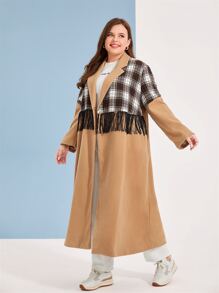 Mulvari Plus Plaid Print Fringe Trim Overcoat - Multicolor - View 1