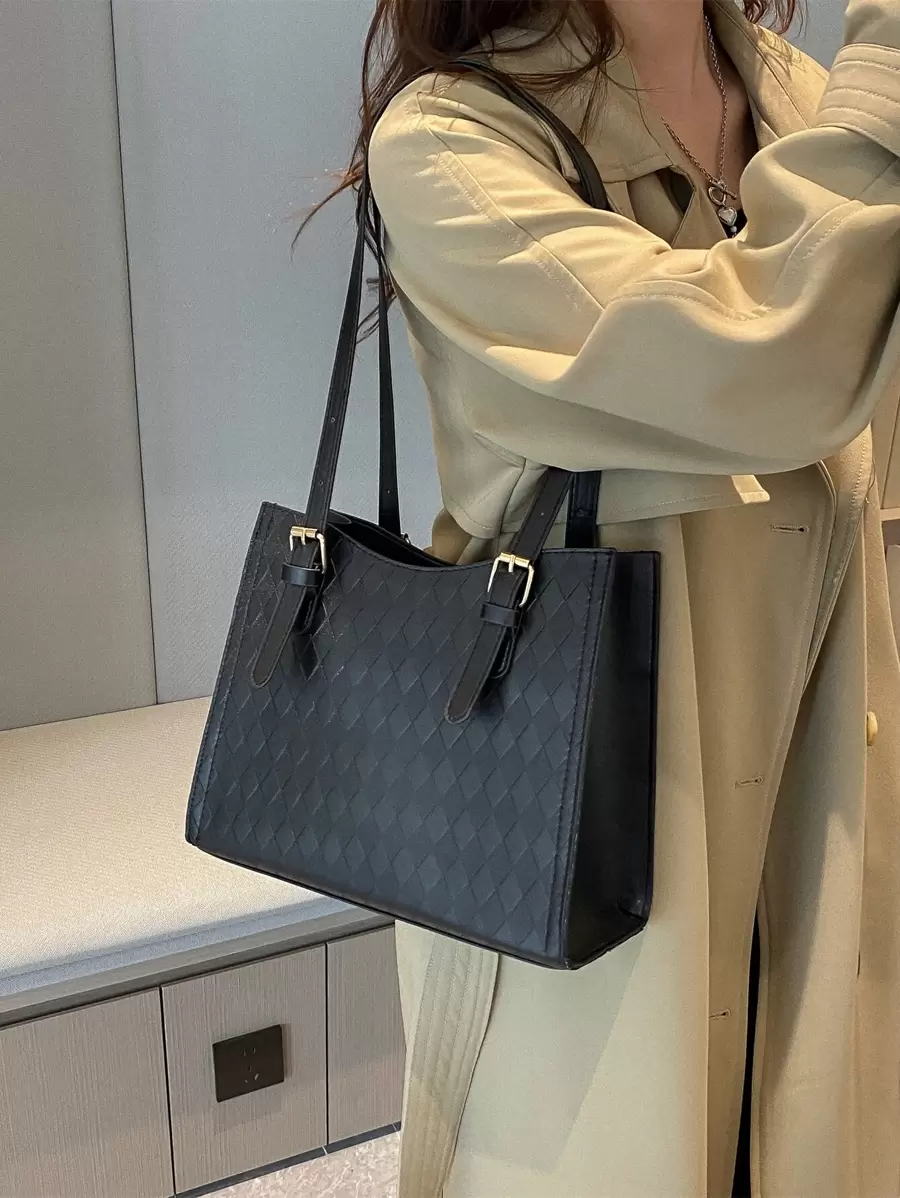 Plaid Embossed Hobo Bag - Black - View 1