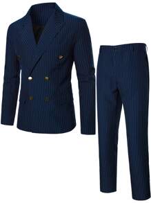 Manfinity Mode Men Double Breasted Striped Blazer & Suit Trousers - Navy Blue - View 1