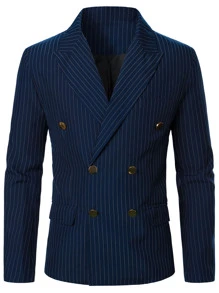 Manfinity Mode Men Double Breasted Striped Blazer & Suit Trousers - Navy Blue - View 4