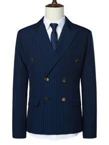 Manfinity Mode Men Double Breasted Striped Blazer & Suit Trousers - Navy Blue - View 5