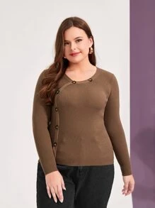 Mulvari 大碼紐扣細節條紋針織套頭毛衣 - 咖啡棕 - 查看 4