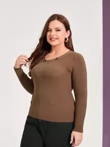 Mulvari 大碼紐扣細節條紋針織套頭毛衣 - 咖啡棕 - 查看 1