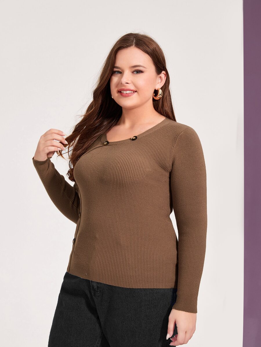 Mulvari 大碼紐扣細節條紋針織套頭毛衣 - 咖啡棕 - 查看 1