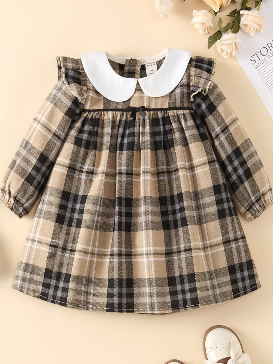 女婴对比色彼得潘领格子罩衫连衣裙 - 卡其色 - 查看 1