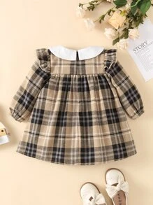 女婴对比色彼得潘领格子罩衫连衣裙 - 卡其色 - 查看 2