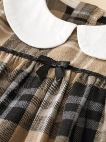 女婴对比色彼得潘领格子罩衫连衣裙 - 卡其色 - 查看 3