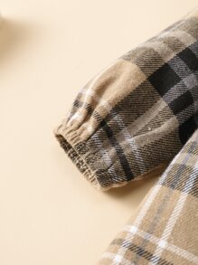 女婴对比色彼得潘领格子罩衫连衣裙 - 卡其色 - 查看 7