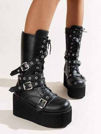 Eyelet & Buckle Decor Lace-up Front Combat Boots