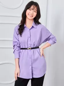 SHEIN Unity Solid Drop Shoulder Button Up Oversized Shirt - Lilac Purple - View 1