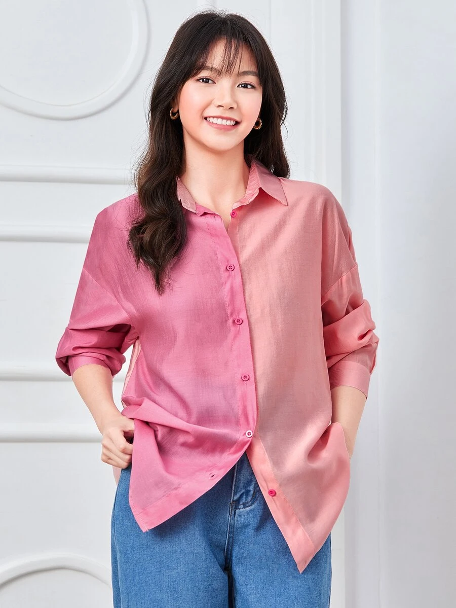 SHEIN ChicEase Drop Shoulder Two Tone Blouse - Pink - View 1