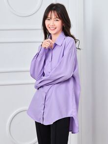 SHEIN Unity Solid Drop Shoulder Button Up Oversized Shirt - Lilac Purple - View 3