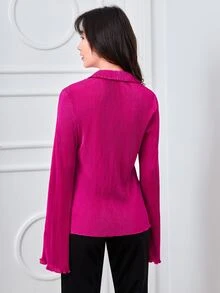 SHEIN BAE Áo sơ mi tay áo lá sen Ren Mộc nhĩ - Màu Hồng Tươi - Xem 2