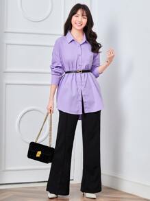SHEIN Unity Solid Drop Shoulder Button Up Oversized Shirt - Lilac Purple - View 4