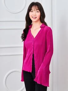 SHEIN BAE Áo sơ mi tay áo lá sen Ren Mộc nhĩ - Màu Hồng Tươi - Xem 3