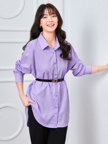 SHEIN Unity Solid Drop Shoulder Button Up Oversized Shirt - Lilac Purple - View 5