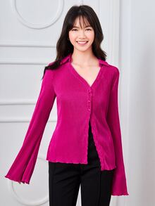 SHEIN BAE Áo sơ mi tay áo lá sen Ren Mộc nhĩ - Màu Hồng Tươi - Xem 5
