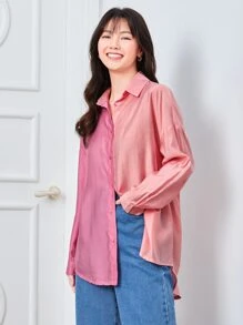 SHEIN ChicEase Drop Shoulder Two Tone Blouse - Pink - View 5