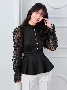 Modelyn Floral Applique Ruffle Hem Frill Trim Top - Black - View 1