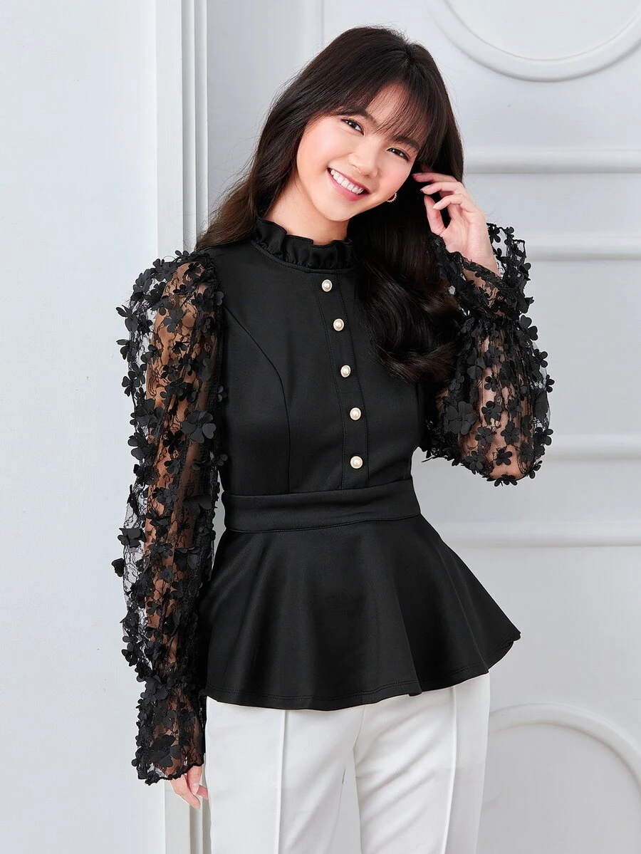 Modelyn Floral Applique Ruffle Hem Frill Trim Top - Black - View 1