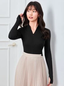 SHEIN EZwear Trang phục mùa hè Áo thun hở ngón cái khóa kéo phía trước - màu đen - Xem 3