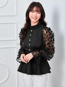 Modelyn Floral Applique Ruffle Hem Frill Trim Top - Black - View 3