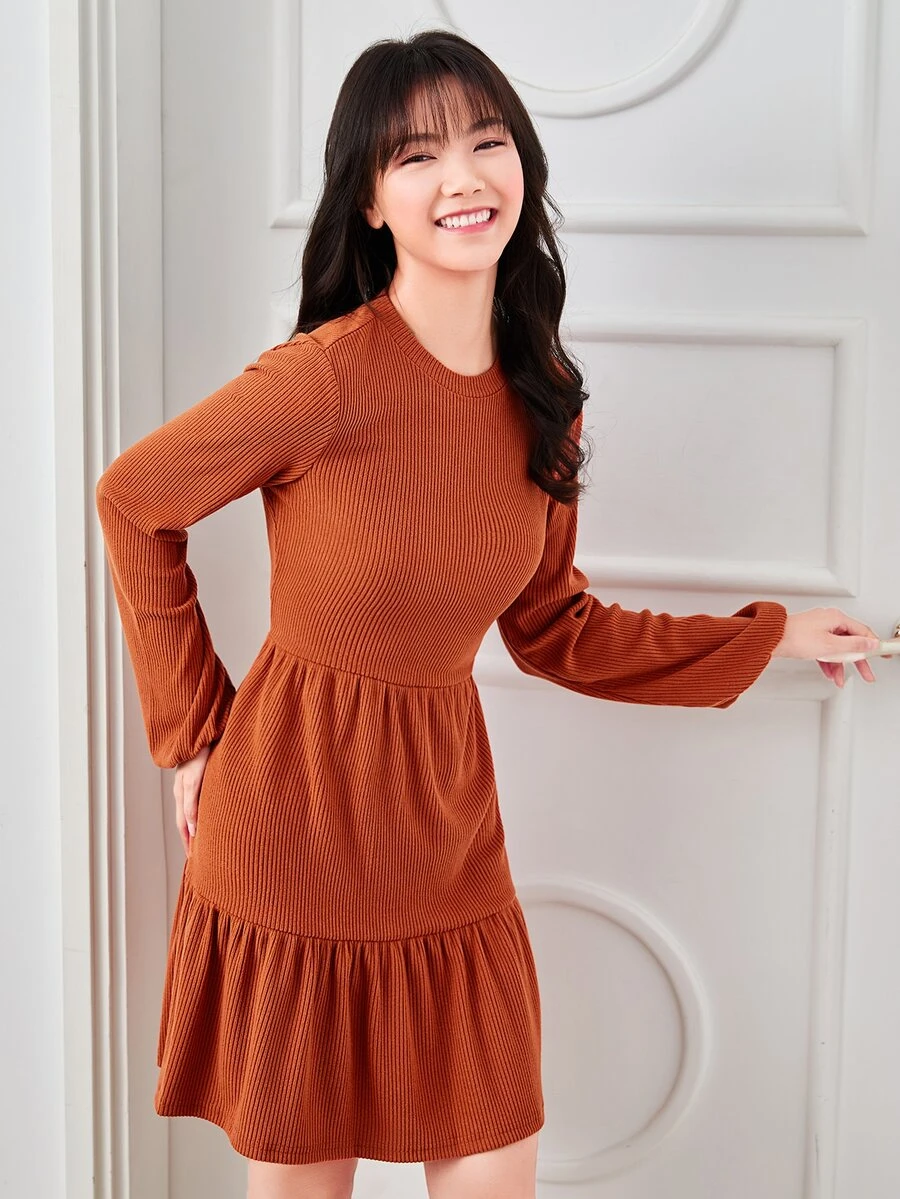 SHEIN Clasi Ruffle Hem Rib-knit Dress - Rust Brown - View 1